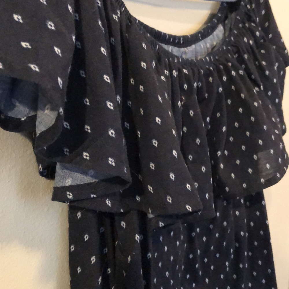 H&M patterned off-the-shoulder top; navy blue